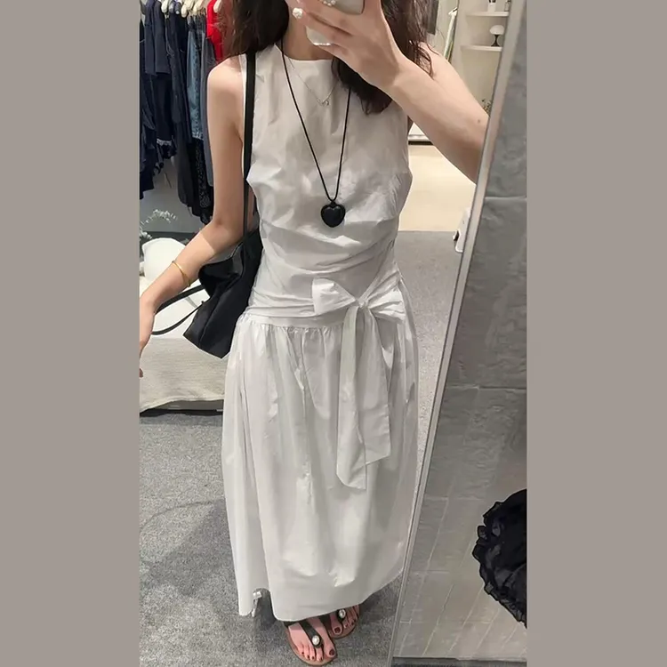 法式高级感白色无袖背心连衣裙子女2025夏季新款掐腰显瘦气质长裙