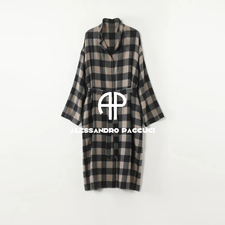 AP洛哥53055DY【复古格式】黑标/100山羊绒翻领格子宽松长大衣
