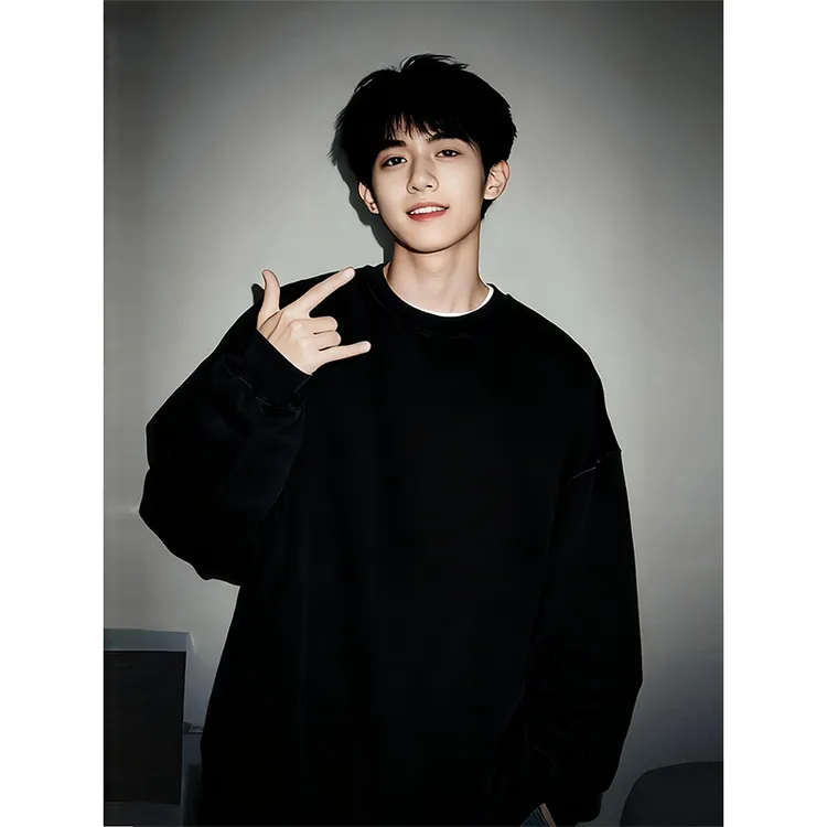 黑色美式复古卫衣男款秋季无帽小领口重磅长袖上衣重磅内搭打底衫