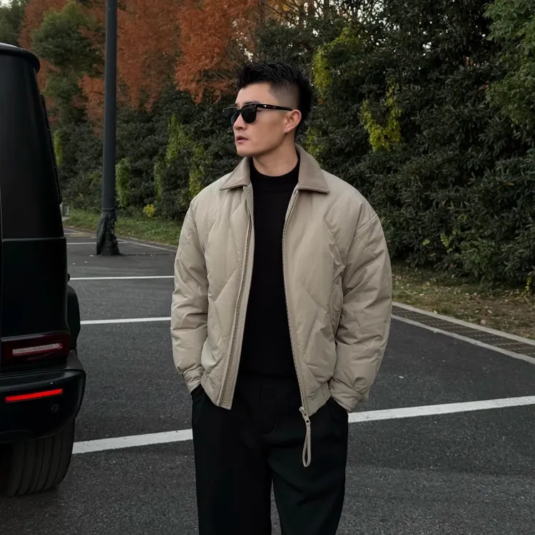 男士羽绒夹克菱形格工艺拉链加厚秋冬外套外穿翻领