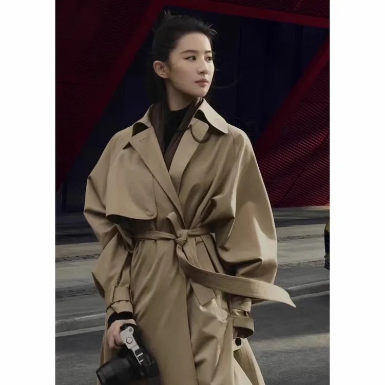 露珠系列明星刘亦菲同款2025早春丝羊毛精纺风衣外套女长款
