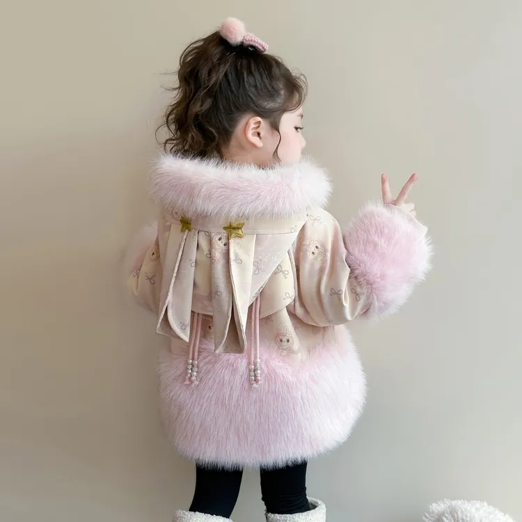 女童派克服冬季新款洋气儿童加绒加厚外套小女孩拉布布仿皮草冬装