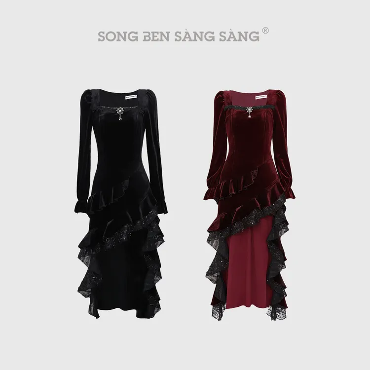 松本丧丧秋冬黑丝绒不规则荷叶边宫廷风气质连衣裙裙子B254Q2052