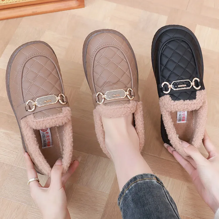 冬季加绒厚底乐福鞋女加厚保暖豆豆鞋舒适一脚蹬妈妈鞋老北京棉鞋