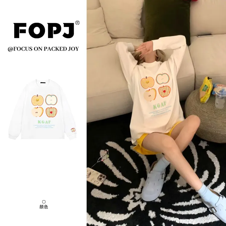 FOPJ初秋新款美式复古卫衣女苹果印花宽松百搭显瘦圆领打底衫上衣