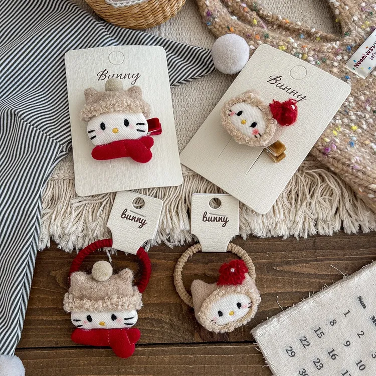 秋冬新款毛绒帽kt猫发夹发圈 卡通甜美可爱百搭简约鸭嘴夹韩系