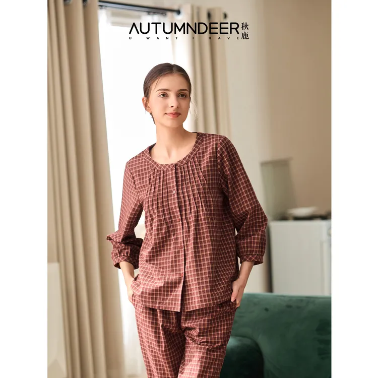 秋鹿梭织色织格圆领九分袖长裤女套家居服格子