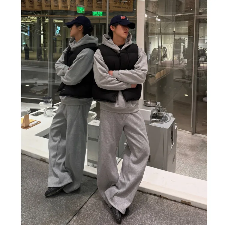 直播专属LIUWENDAO加绒全裤开骨拼接灰色卫裤加厚弯刀阔腿长裤男女同款