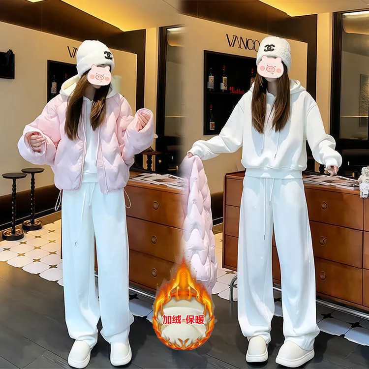 秋冬穿搭一整套女韩版爆款加绒连帽卫衣卫裤+棉服外套保暖三件套