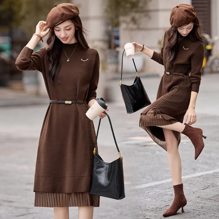 韩系气质针织拼接连衣裙女2025春秋新款设计感收腰显瘦中长款裙子