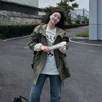 韩系百搭时尚高级气质潮流纯色工装连帽斗篷式风衣-X25101317