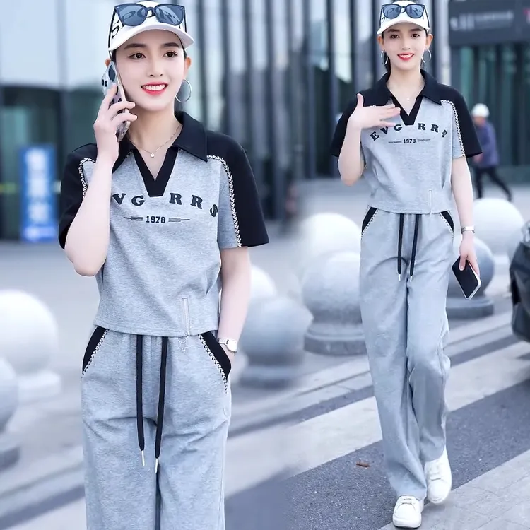 休闲运动套装女2025夏季新款洋气显瘦翻领短袖上衣阔腿裤两件套潮