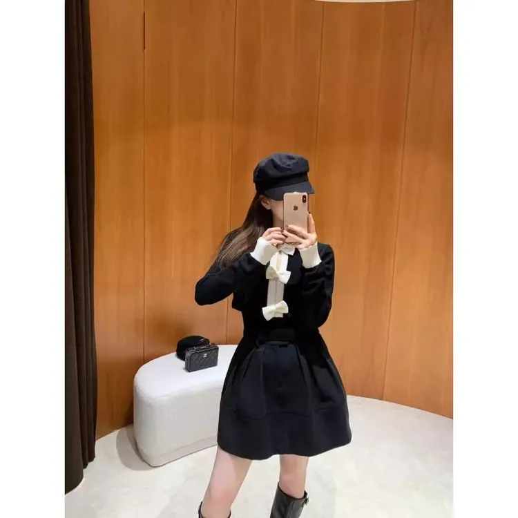 法式富家千金气质套装蝴蝶结长袖针织衫女装秋季花苞半身裙两件套