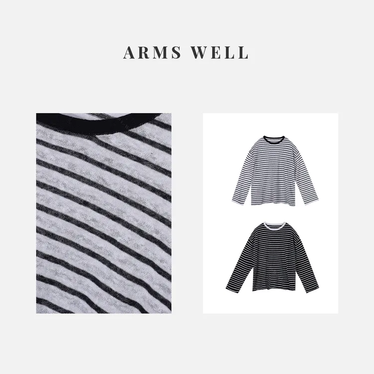 ARMS WELL王囡囡 蓝白条/藏蓝条棉麻圆领宽松长袖T恤 S80