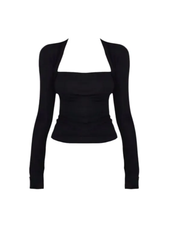 Amy家 微胖mm纯欲风性感方领长袖T恤女秋冬修身显瘦内搭打底上衣