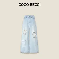 COCO BECCI【烫钻蕾丝破洞蓝牛】水洗宽松百搭牛仔裤CFYLSU62A0001