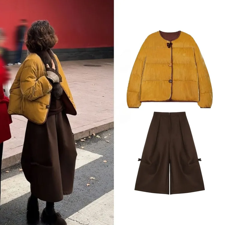 轻国风新中式套装女秋冬新款宽松加厚棉服短外套保暖阔腿裤两件套