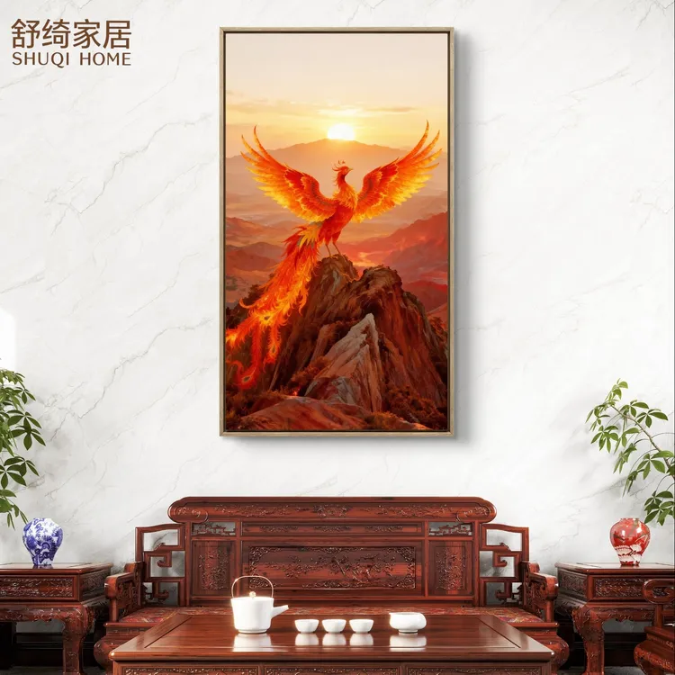 大气新中式客厅风景画火凤凰展翅挂画五行火土玄关画风水装饰定制