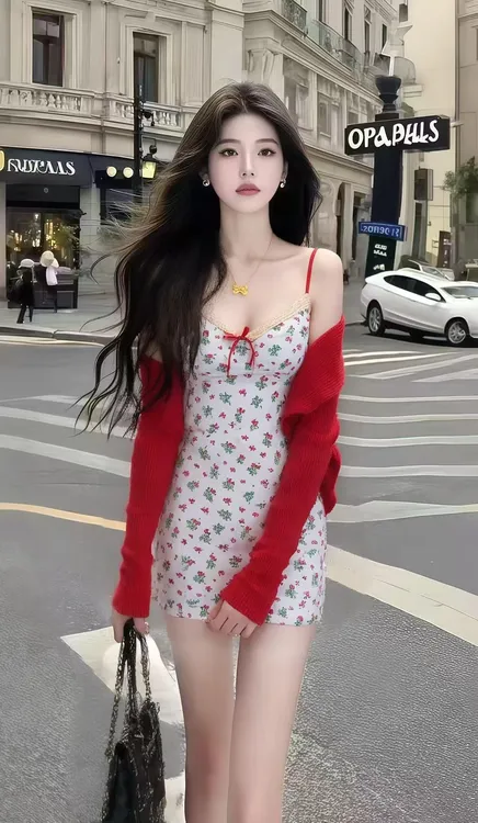 新款早秋氛围感穿搭碎花V领修身吊带收腰包臀连衣裙+红色开衫套装