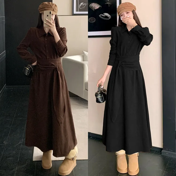 大码胖mm女装慵懒漫调秋冬新款长裙韩版显瘦设计感长袖连衣裙女