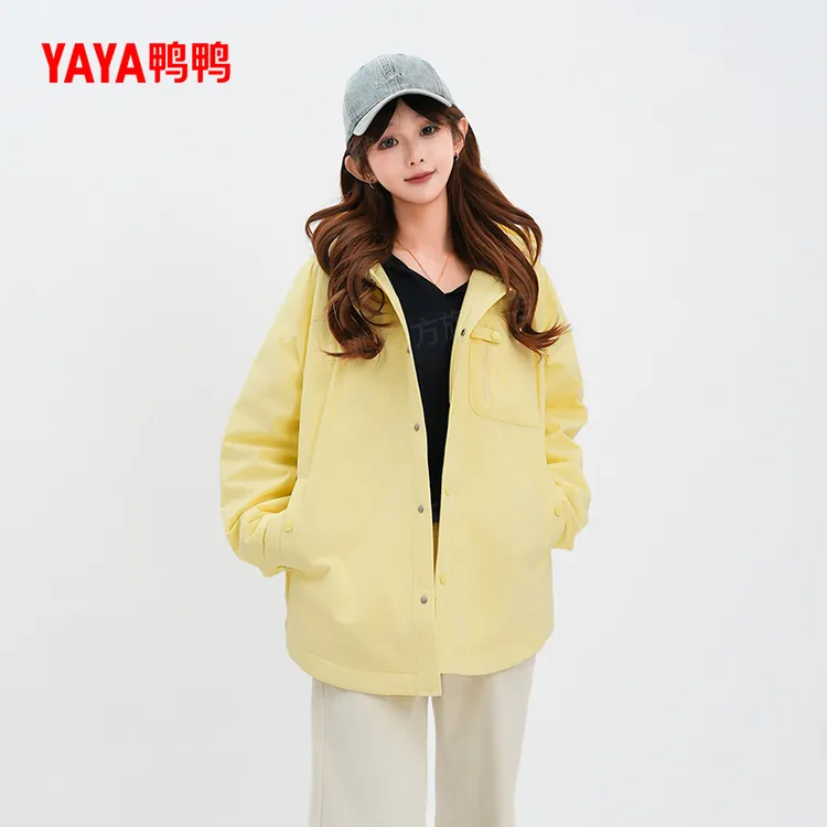 YAYA/鸭鸭羽绒服女中长款纯色单排扣宽松休闲保暖外套YE5B001407P
