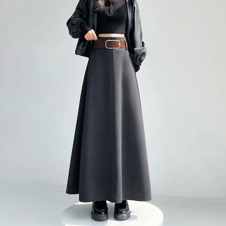 灰色毛呢a字半身裙女2025秋冬新款中长款大摆裙垂感高腰显瘦伞裙