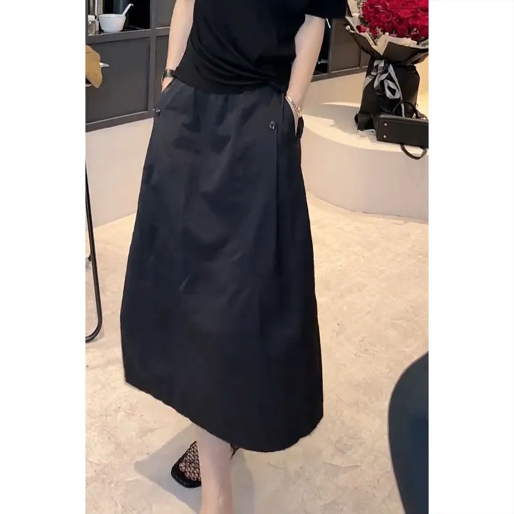 艾塔莉时尚百搭休闲裙女夏新款显瘦大码黑色半身裙梨形身材A字裙