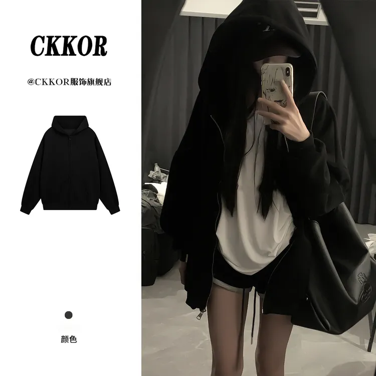 CKKORoversize美式复古连帽卫衣女春秋宽松长款拉链外套ins风上衣