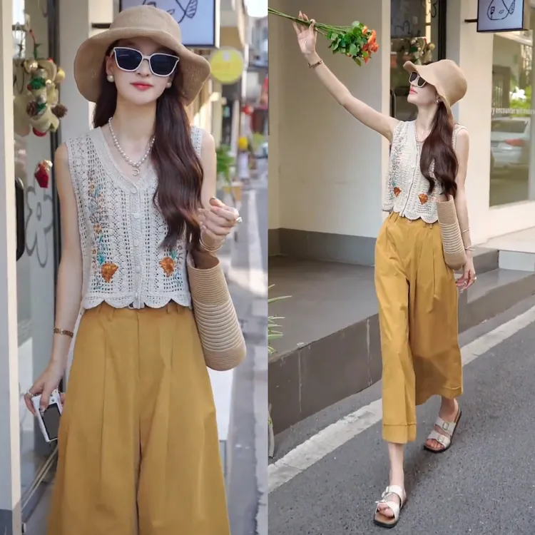 2025夏季新款法式镂空设计感刺绣无袖短款背心直筒阔腿纯色休闲裤
