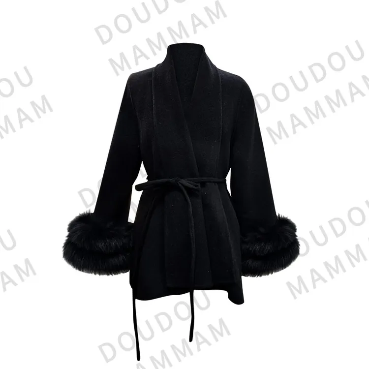 时尚宽松法式设计感千金风纯色秋冬100%羊毛大衣