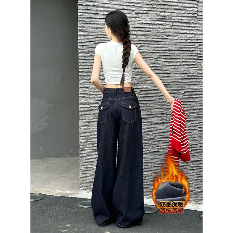加绒丹宁原色阔腿裤女2025年冬季新款高腰宽松大裤脚垂感拖地长裤商品图