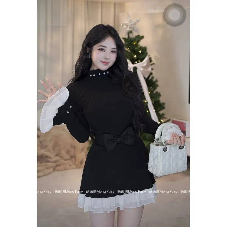 萌面侠【黑珠柔边】千金感气质拼接钉珠高弹棉针织连衣裙7131M