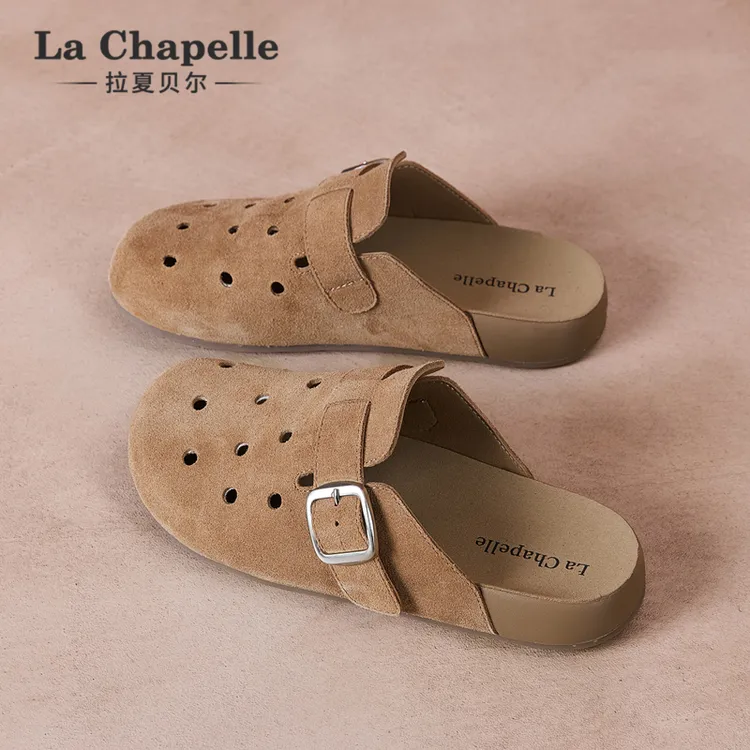 拉夏贝尔厚底绒皮勃肯半托秋季新款百搭一脚蹬穆勒鞋外穿拖鞋女鞋