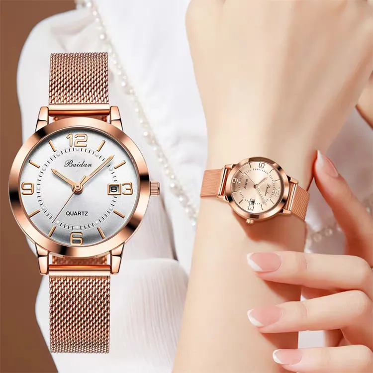 女士手表网红新款休闲时尚潮流日历网带防水石英表夜光腕表百搭