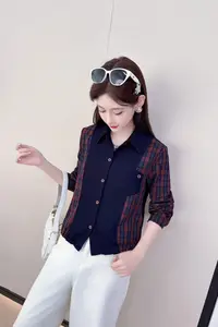 825【衣长52】假两件格子衬衫女2025春秋新款设计感翻领拼接上衣