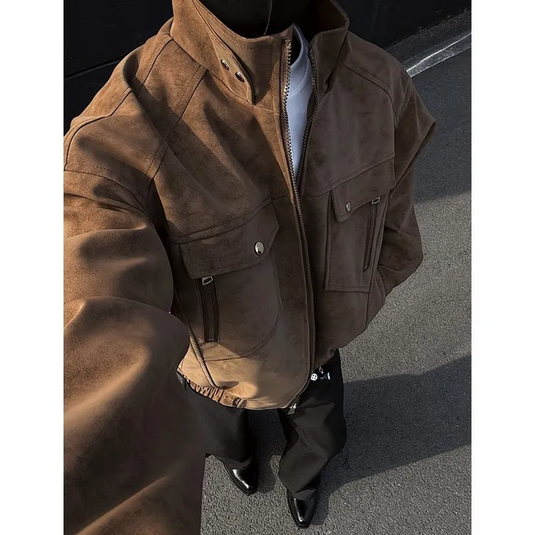 春秋男款高级感皮衣夹克工装复古美式扎染防风飞行服立领外套上衣