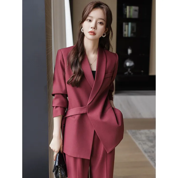 休闲小西装套装女2025春秋设计感绑带收腰长袖西服阔腿裤两件套装