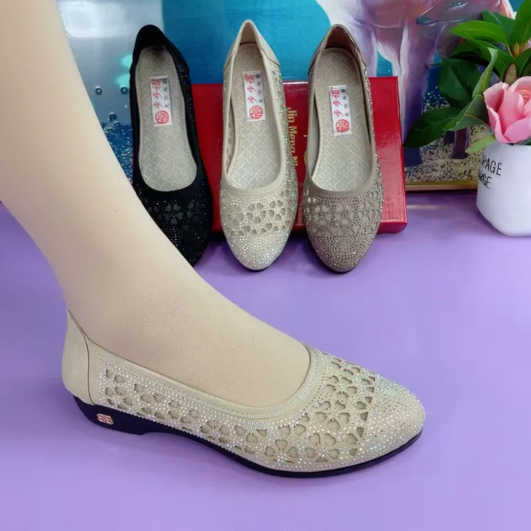 方头网面鞋水钻防滑透气单鞋软底凉鞋女士老北京布鞋舒适