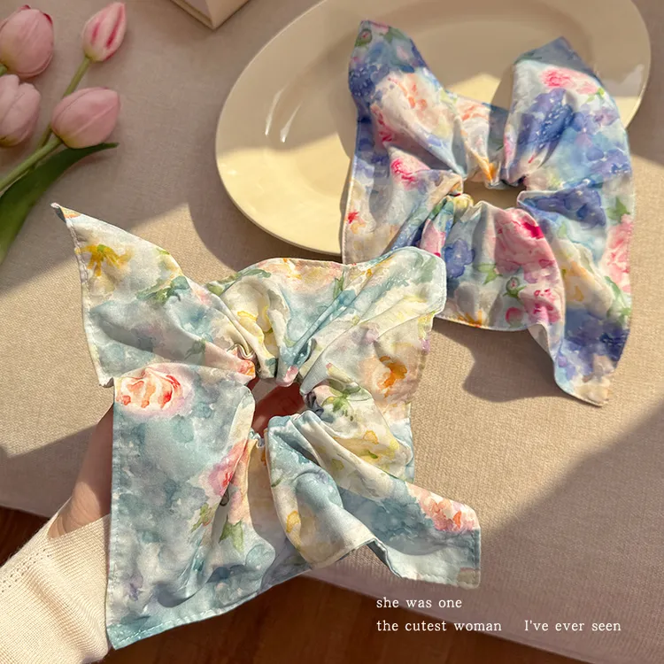 油画风清新碎花布艺方巾大肠发圈女慵懒风头圈发绳低马尾头绳皮筋