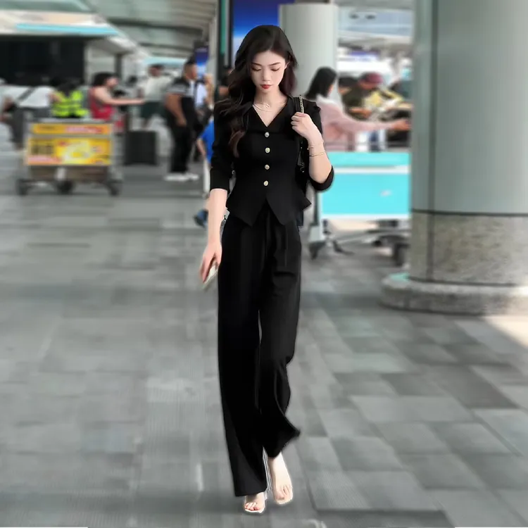 拉夏贝尔/2025秋新气质优雅高腰小香显瘦长袖上衣+裤子 10595 LSC