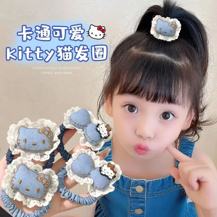 儿童kt猫牛仔发圈新款甜美蕾丝花边五角星星头绳小女孩可爱扎发绳