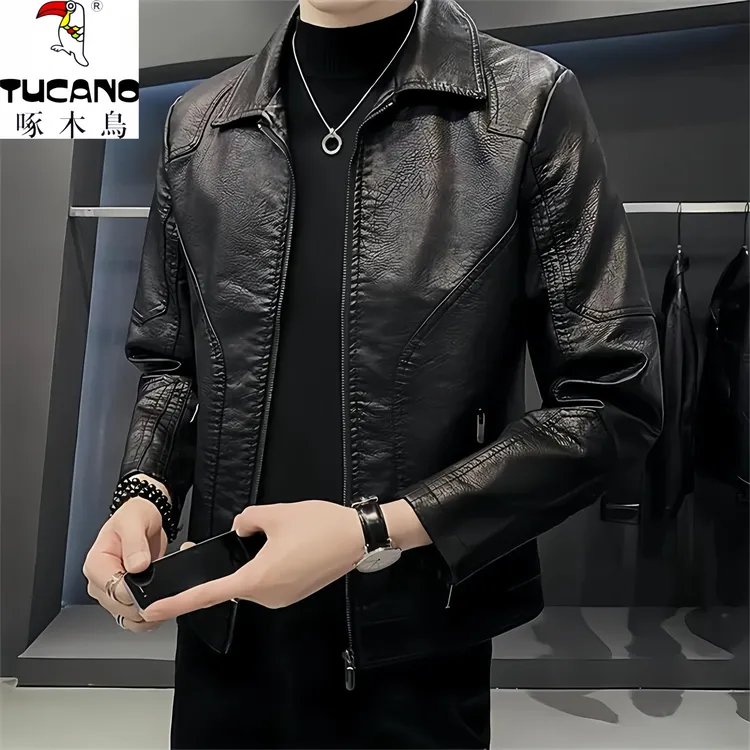 啄木鸟春秋海宁皮衣修身立领商务帅气男时尚休闲薄款潮流加绒皮衣