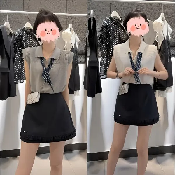 2025夏季新款针织无袖圆领拼接上衣休闲木耳边高腰显瘦半身裙套装