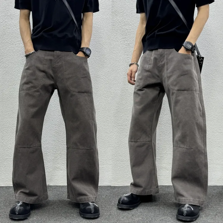 宽松复古拼接直筒裤2025秋季爆款痞帅男士牛仔裤微喇垂感阔腿裤子
