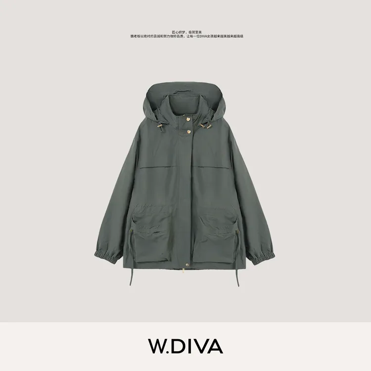W.Diva【千山集】城市机能风工装双口袋复古连帽高领风衣53C142932