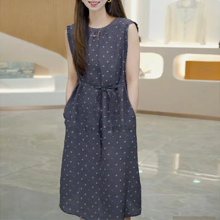 韩系时尚碎花无袖衬衫连衣裙女2025夏季新款收腰系带显瘦A字裙子