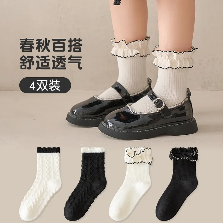 春秋新款儿童棉袜子黑白公主袜子洛丽塔花边女童袜子甜美中大童袜