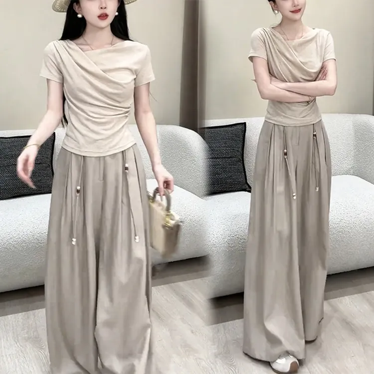 气质高级感套装2025夏季韩版褶皱短袖高腰显瘦阔腿裤休闲两件套