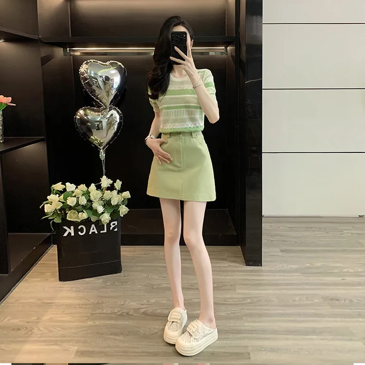 条纹提花短袖针织衫女夏季新款显瘦上衣防走光牛仔半身裙A字短裙
