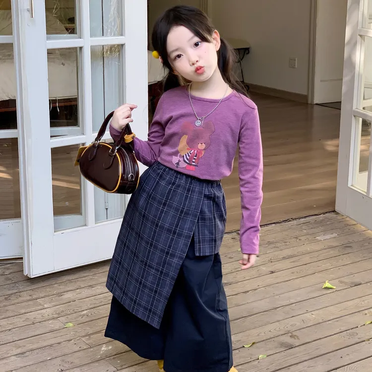 小言-儿童上衣2025秋季新款童装女童长袖T恤格子屁帘休闲裤子套装